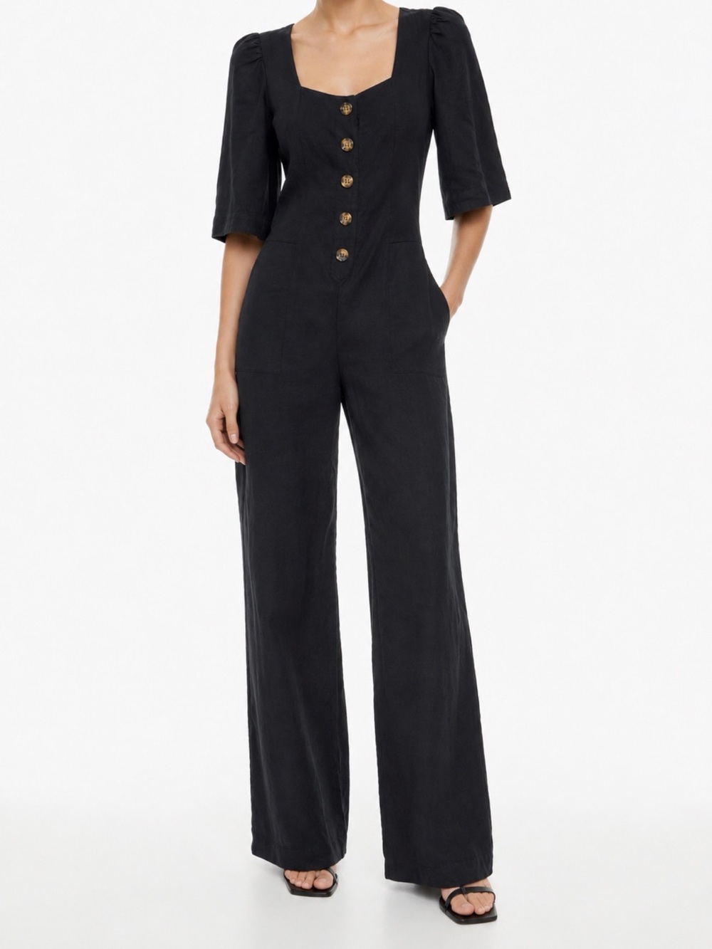Sabina Musayev Black Square-Neck Wide-Leg Jumpsuit with Gold Buttons